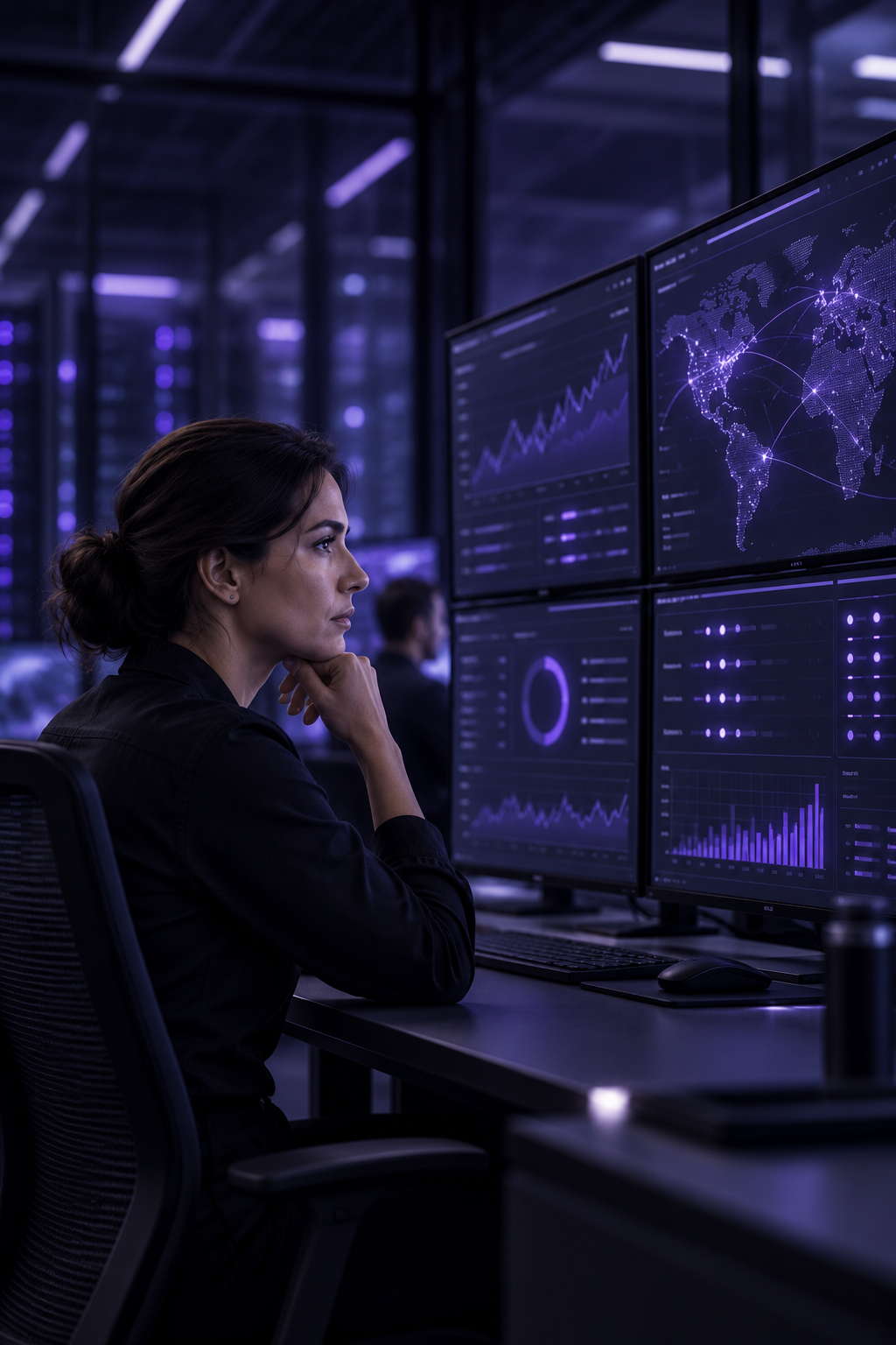 Especialista supervisando paneles de monitoreo tecnológico
